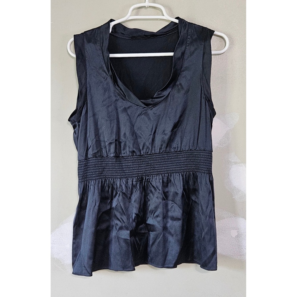 BCBGMAXAZRIA Navy Blue Silk Blend Cowl Neck Smocked Waist Peplum Top Small